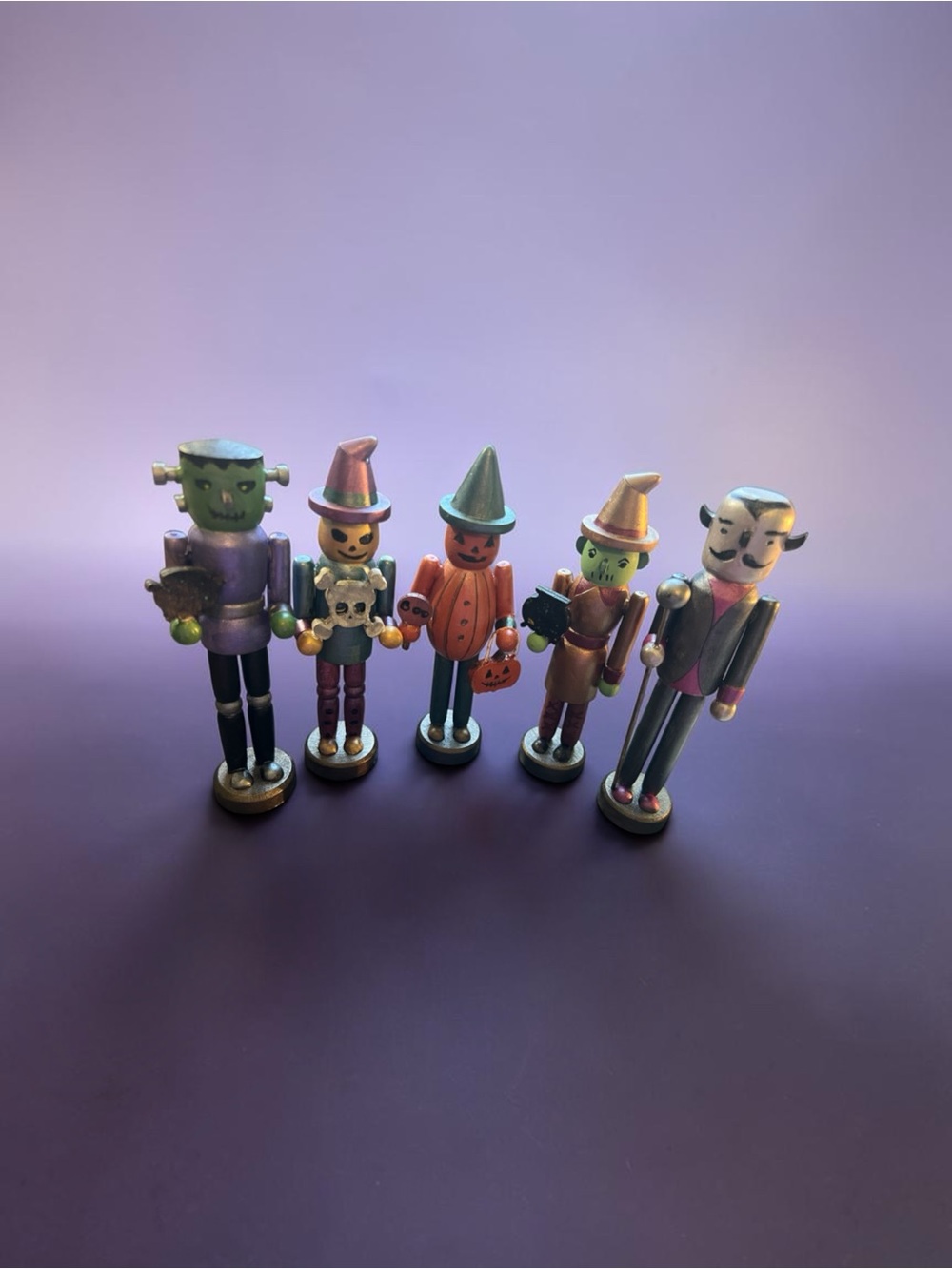 Wooden Halloween Figurine Set - Purple & Orange Hand-Painted Characters